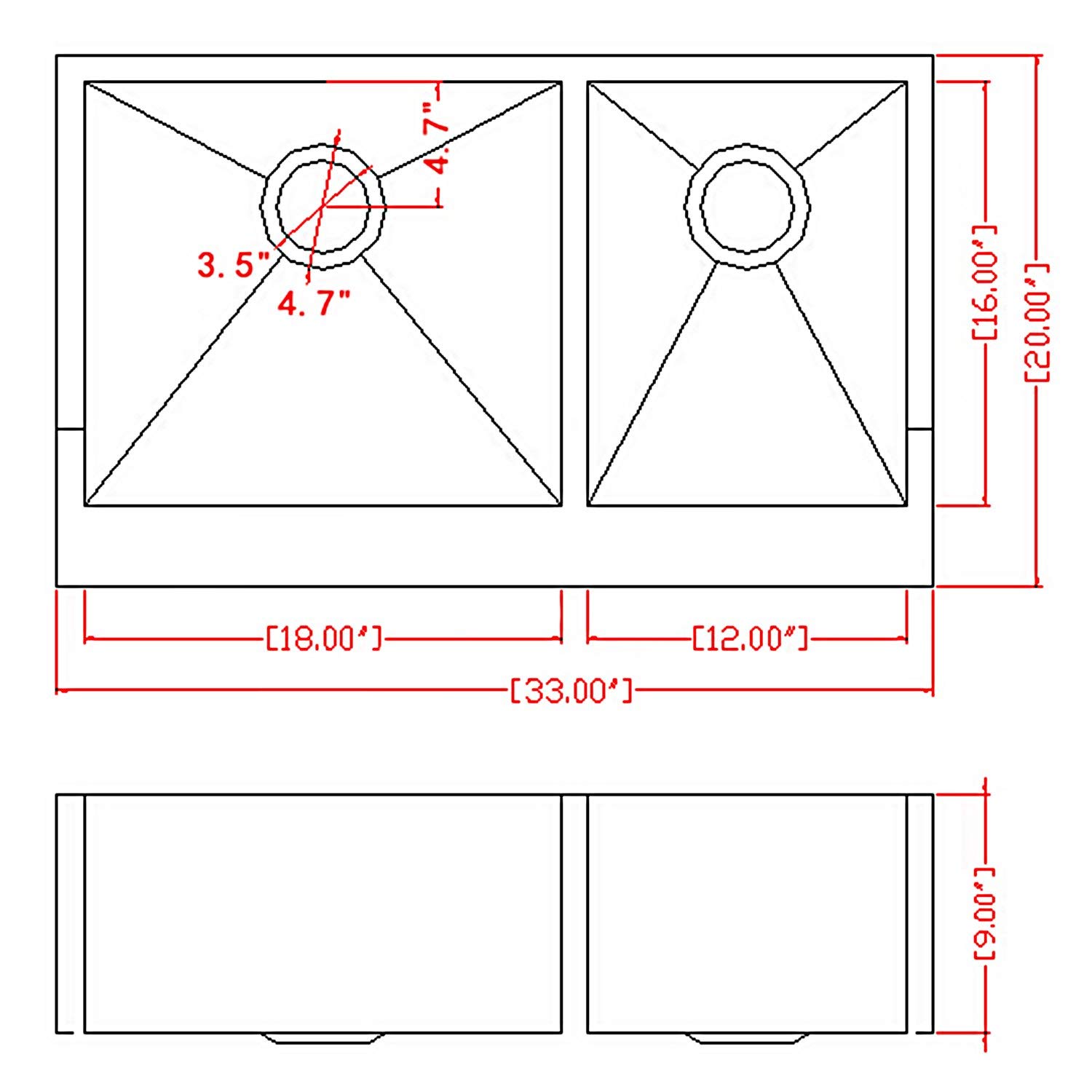 33-Zoll-Unterbau-Küchenspüle aus 304 Edelstahl, handgefertigt, mit Doppelschüssel