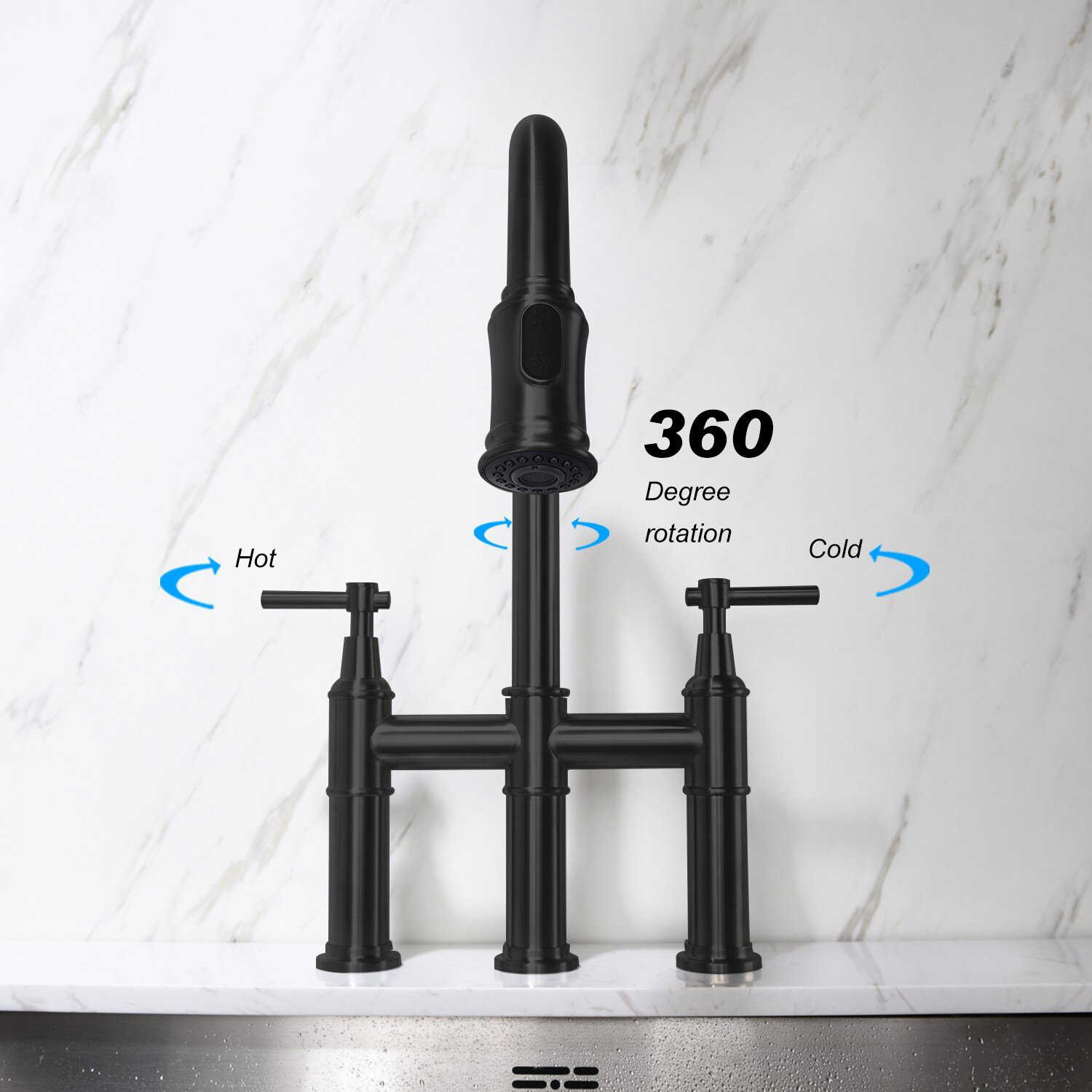  Aquacubic Brücken-Küchenarmatur mit herunterziehbarem Sprühkopf, Fingerabdruck-resistent, fleckenfrei (Mattschwarz)