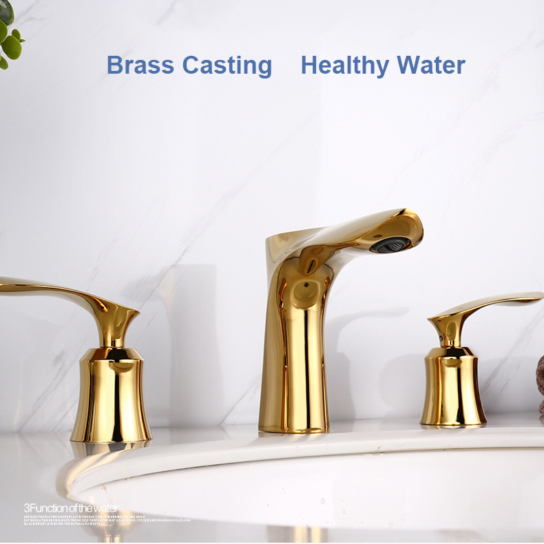 Aquacubic bleifreier Messing-Weiß- und Gold-Utility-Zwei-Griff-Weit verbreiteter Waschtisch-Badezimmerhahn
