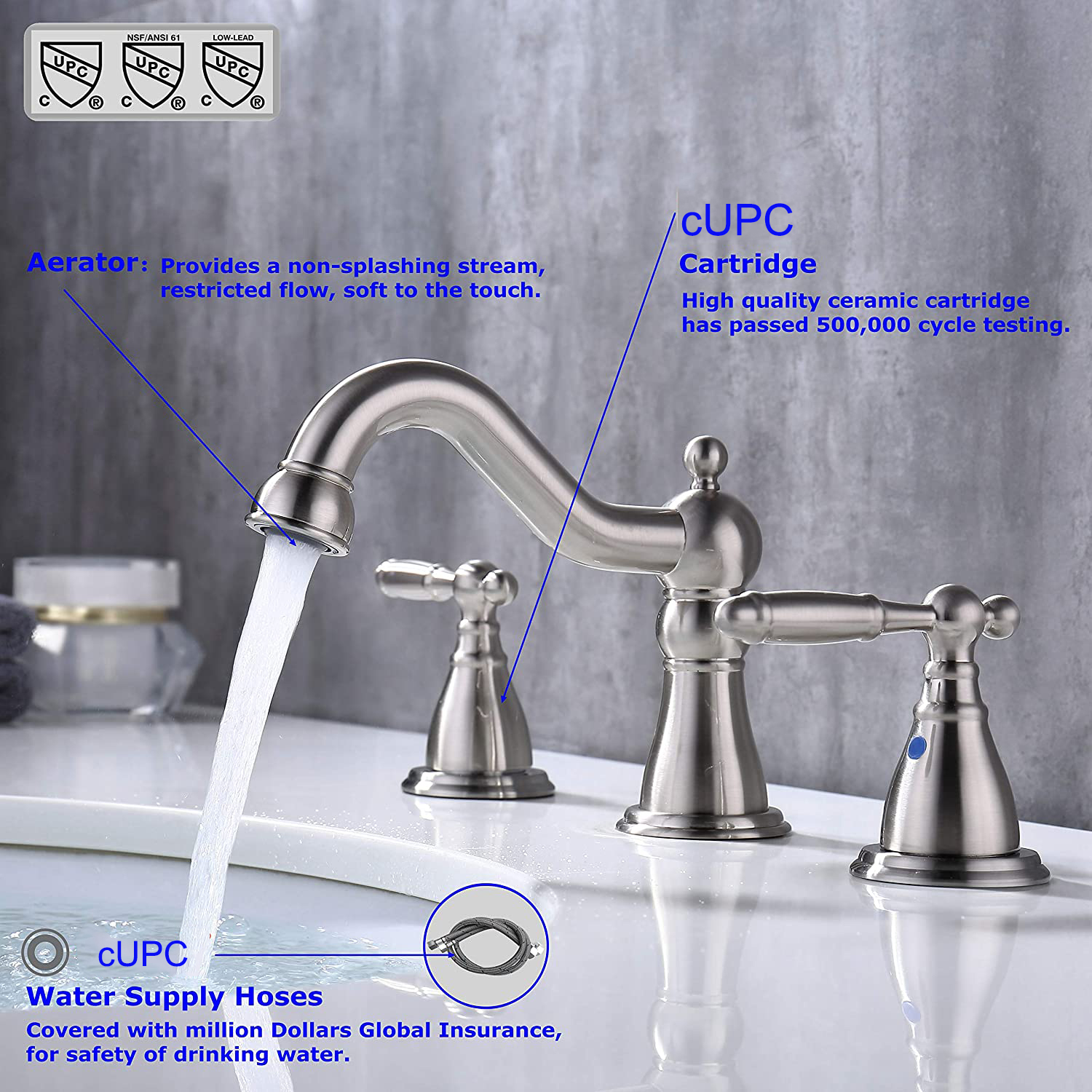 Aquacubic Moderne Waschtischarmatur 3 Löcher 8 Zoll weit verbreitete Montage Badezimmer Waschbecken Wasserhähne